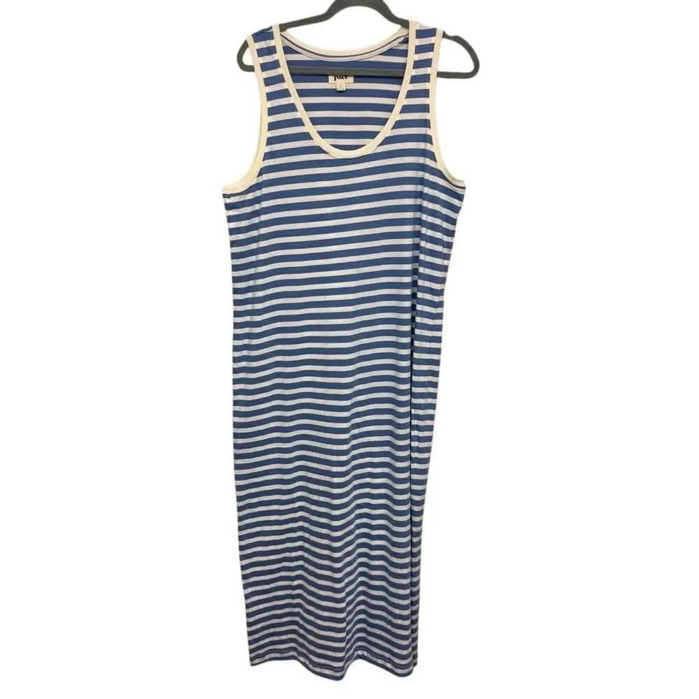 Pact Soft Spun Organic Cotton Blue and White Striped Midi Dress Size large